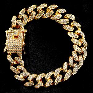 ⭐ Large Cuban Men's 8" Iced Out Diamond Hip Hop Style Bracelet 18k Gold Pltd ⭐